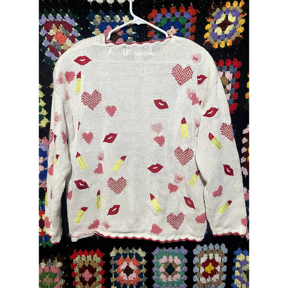 Vintage Valentines Cardigan Bay Hand Knit Cardigan Hearts Lips Applique Large - Picture 3 of 5